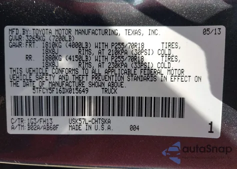 2013 Toyota Tundra Grade 5.7L V8 from USA, damaged, VIN 5TFCY5F16DX015649
